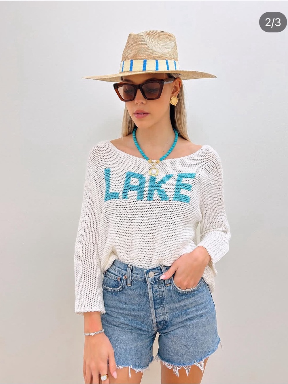 White 'LAKE' Knit Sweater with Blue Lettering